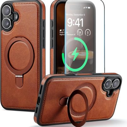 iphone 16 Plus leather case With Ring Stand