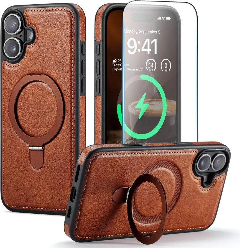 iphone 16 Plus leather case With Ring Stand