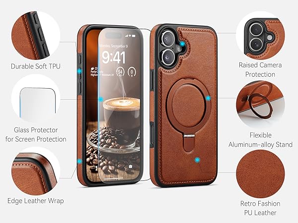 iphone 16 Plus leather case With Ring Stand