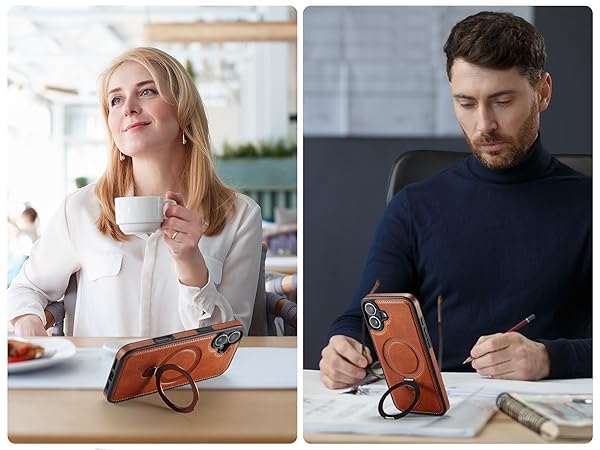 iphone 16 Plus leather case With Ring Stand