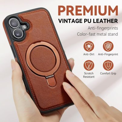 iphone 16 Plus leather case With Ring Stand