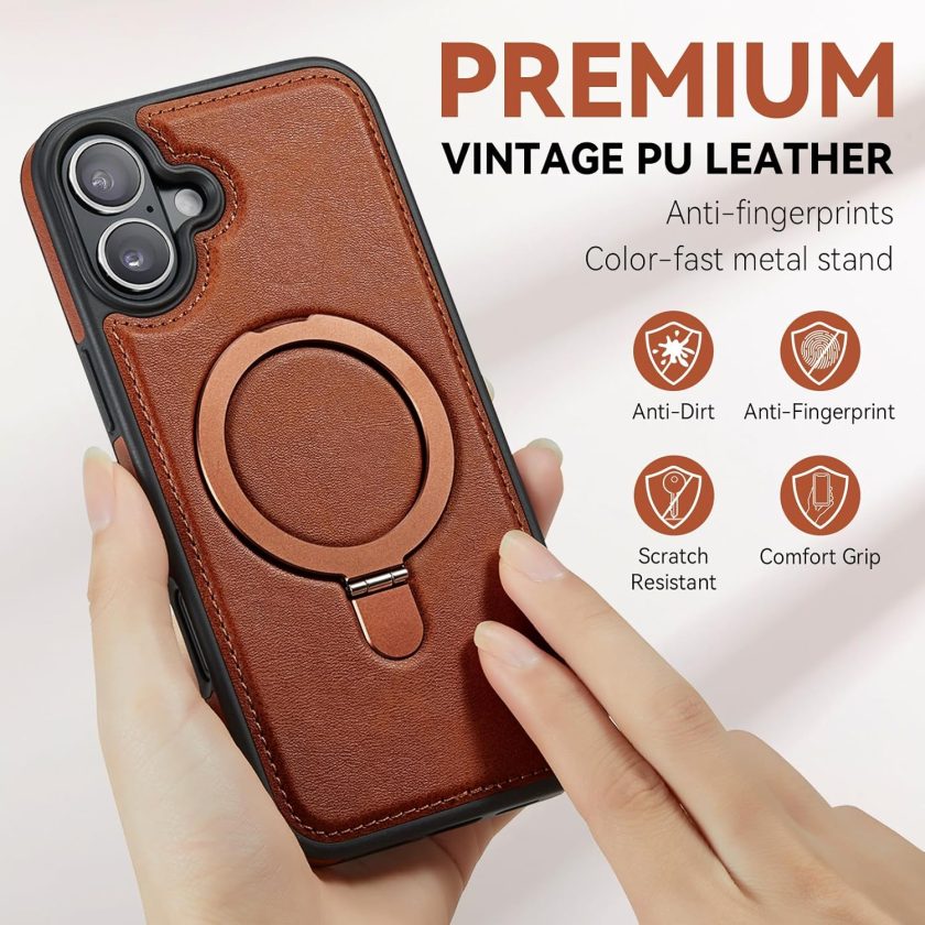 iphone 16 Plus leather case With Ring Stand