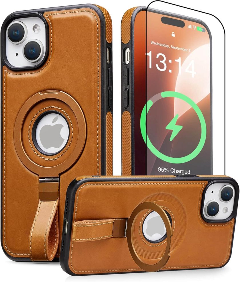 Custodia In Pelle Con Anello Magnetico Invisibile Per IPhone 14 Plus - Supporto Integrato E Ricarica Wireless